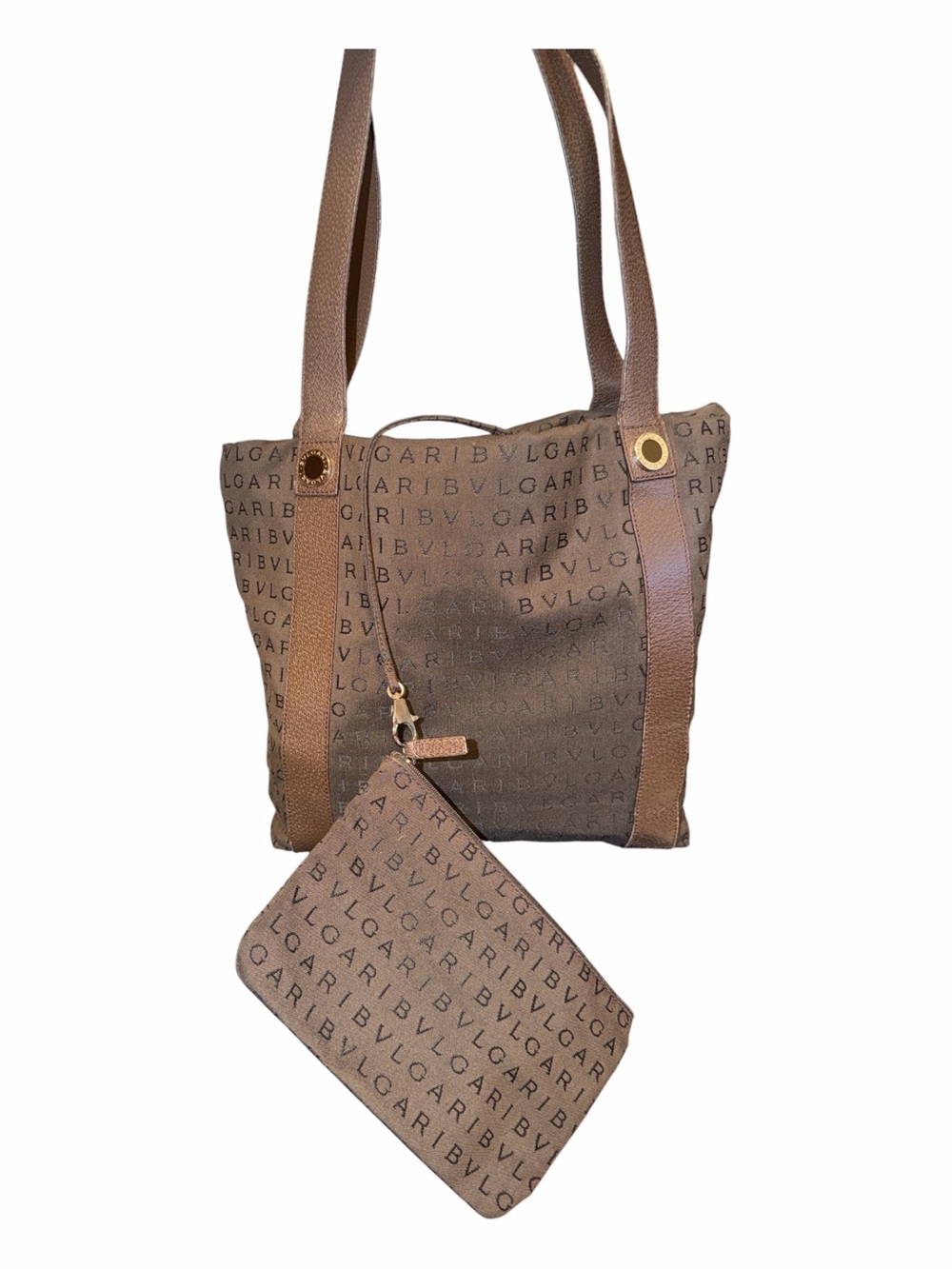 BVLGARI Monogram Canvas Tote Bag with Attached/Removable Zip Pouch-Orange Inner